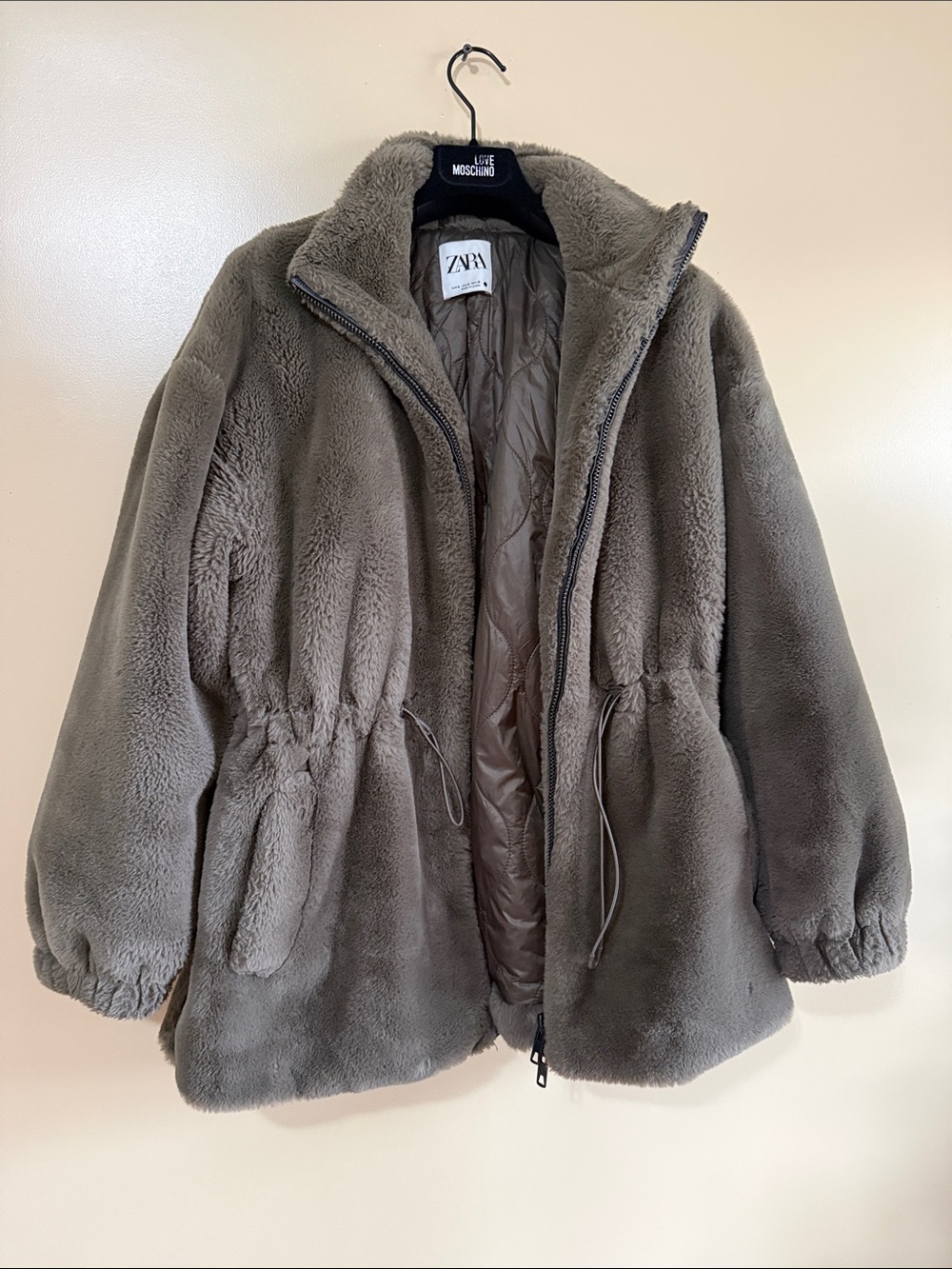 Zara Plush Faux Fur Drawstring Jacket - Taupe Gray